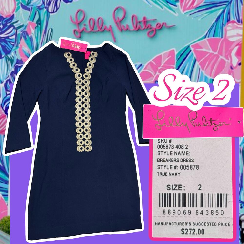 Lilly Pulitzer Breakers Dress Navy Blue Gold Embroidered Shift Size 2 NWT